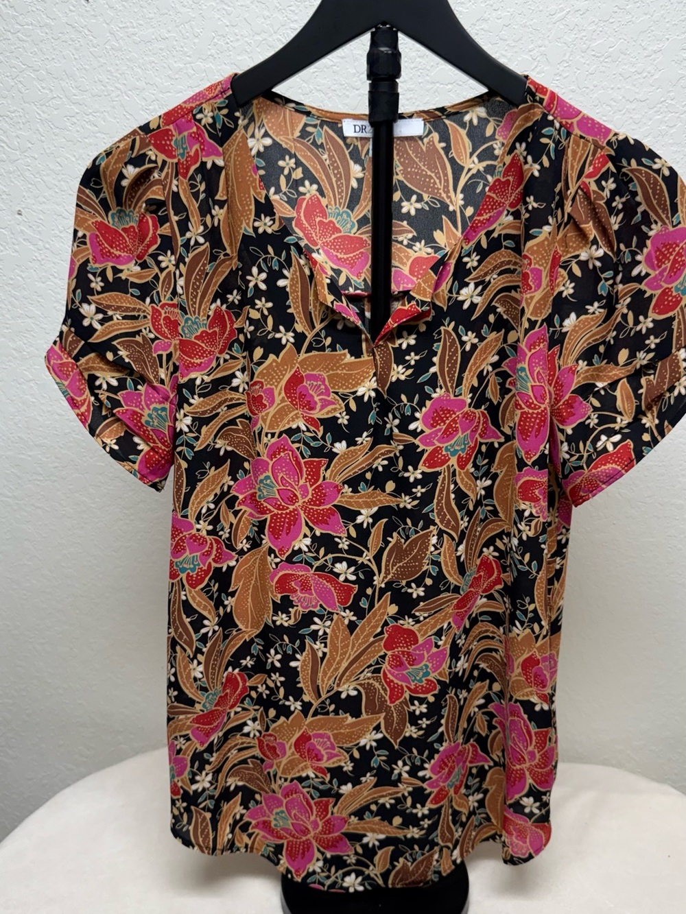 DR2 Black Blouse with Pink & Brown Floral Print